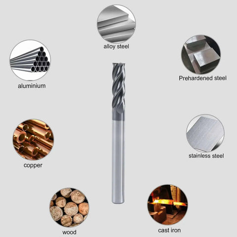 Carbide Square End Mill Set For Metalworking, Four Flute Micro Grain Bits, Five Size Range One Eighth To One Half Inch, AlTiN Coated, For Alloy Steels Hardened Steels Aluminum Copper, 5 Pieces - Image shows an end mill with material usage options.