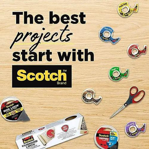 Scotch tape and scissors on wooden background with 'The best projects start with Scotch' text, showcasing various tape types.
