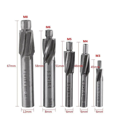 Professional Grade 5 Piece Counterbore Drill Bits Set With 4 Flutes Straight End Mills HSS Countersink Slot End Mills M3-M8