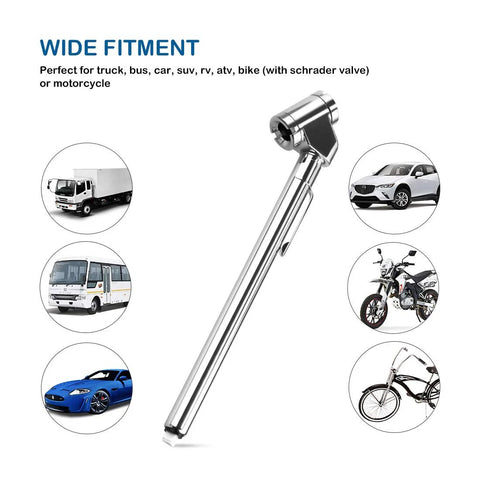 CZC AUTO pencil tire pressure gauge with dual head chuck, stainless steel stem, silver, 10–120 PSI for car, truck, motorcycle