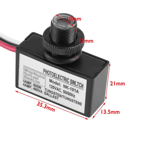 Two Pack Outdoor No Fuss Light Control Sensor Switches With Dusk To Dawn Photocell, 120V AC, photoelectric switch dimensions and labels
