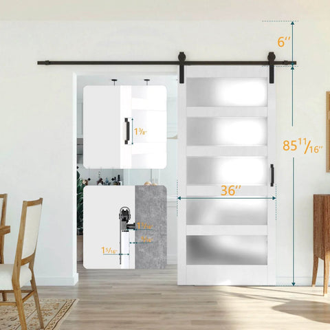 Glass Sliding Barn Door 36 By 84 Inches Five Panel Frosted Glass, Sturdy MDF Build, installed in a living room.