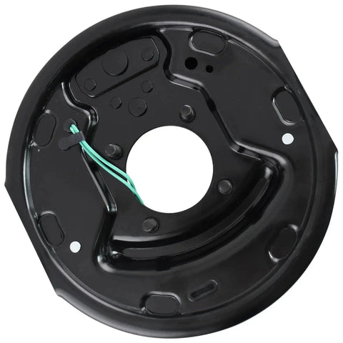 Front view of left-side 10x2.25 in electric trailer brake assembly, black steel with green wiring for 3,500-lb axle