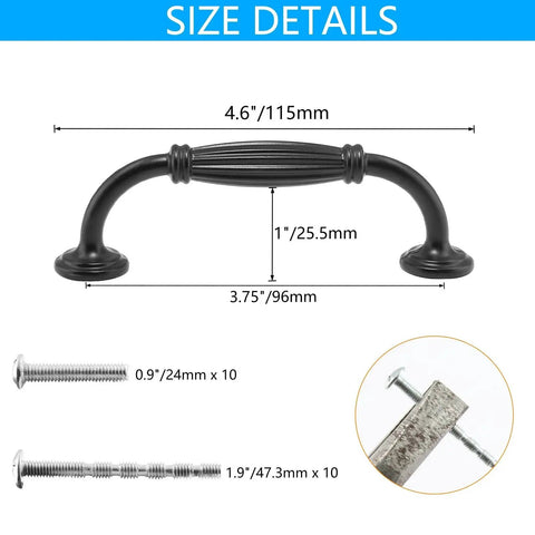 Black Cabinet Handles Set, 3 3/4 Inch Hole Center (96mm), 115mm Overall Length, includes screws size details.