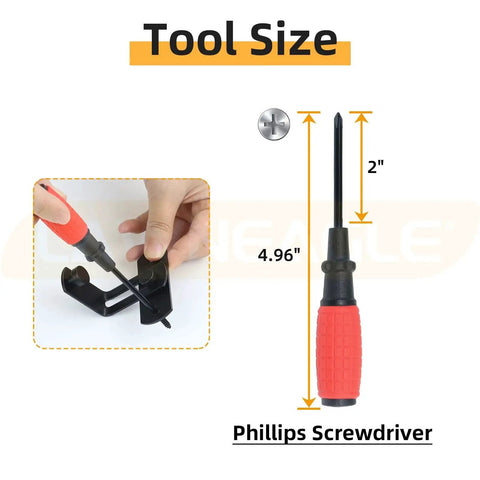 Phillips screwdriver measuring 4.96 inches long with a red handle, shown being used to install a black bracket.