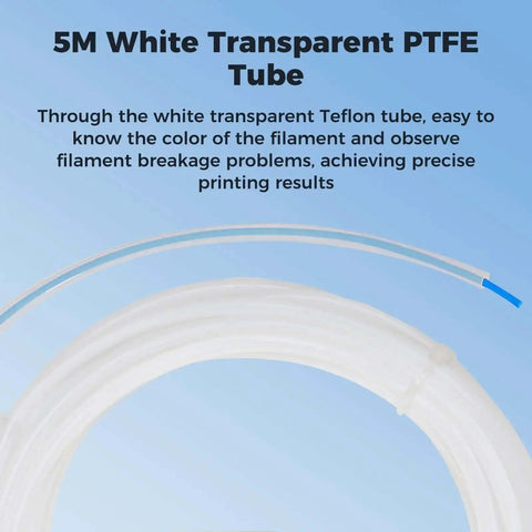 5m white transparent PTFE filament tube on blue background, text overlay highlighting benefits of color visibility for 3D printing.
