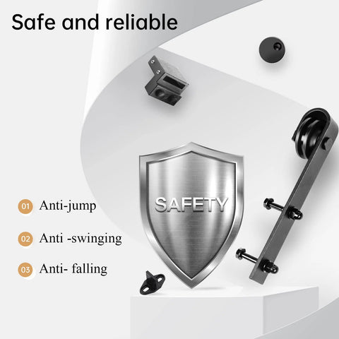 Safety features of 6 Ft Heavy Duty Sliding Barn Door Hardware Track Kit With J Pulley, black components, anti-jump, anti-swinging, anti-falling