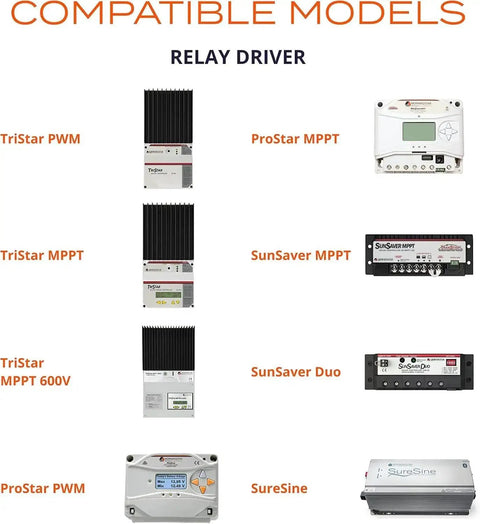 Image showing compatible models for RD1 Relay Driver Programmable Logic Module For Solar Power Systems with various solar controllers.