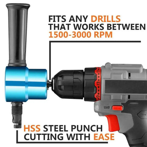 Double Head Sheet Nibbler Metal Cutter attached to a drill for 14 gauge steel cutting, highlighting RPM range and HSS steel punch.