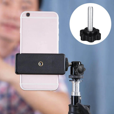 12 Pack 1/4-20 Black Star Knobs With Grippy Knurled Hand Grip on phone mount, used as replacement for umbrella base.