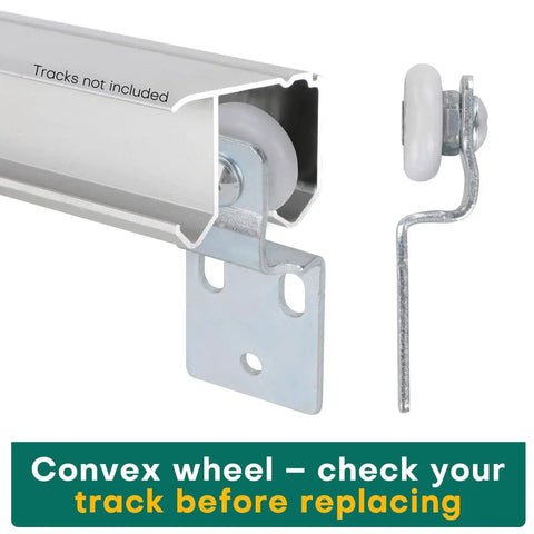 Four Pair Sliding Closet Door Roller Kit For Top Hung Doors With Three Quarters Inch Convex Wheels Ball Bearing Stamped Steel Rollers And Front Panel One Quarter Inch Offset And Rear Panel Three Eighths Inch Offset Brackets displayed with convex wheels in metal track, close-up view.