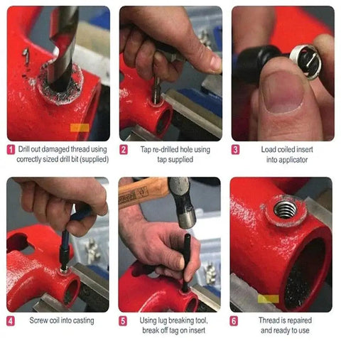 Installation steps for 30 Piece Metric Thread Repair Kit With Threaded Inserts And Installation Tool For M3 M4 M7 M9 M11 Helicoil Style Coils