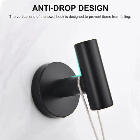 Close-up of installed matte black screw-in towel hook from Matte Black Towel Hooks 4 Pack For Bathrooms Screw In Wall Mounted Stainless Steel Towel Hangers With Drill Hole Installation Durable Easy To Install Includes All Hardware.