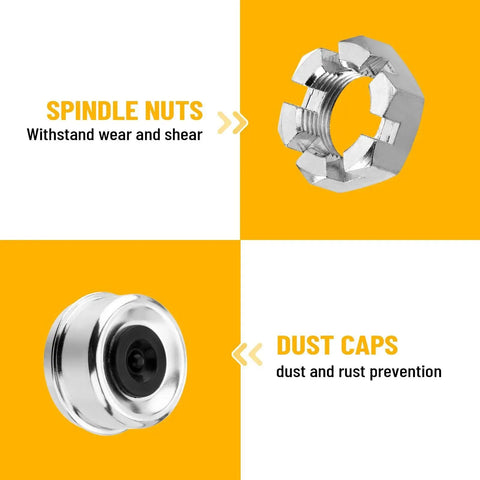 Spindle nuts and dust caps from Trailer Hub Bearing Kit For 8000 Lb Axles Four Sets Included With Inner Bearings 25580 shown.