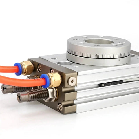 Front view: MSQB-A rotary pneumatic air cylinder; aluminum body with brass fittings and orange hoses.