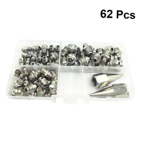One Stop Grease Fitting Kit With Assorted Nozzles And Grease Gun Attachments For Bearings And Recessed Fittings in a 62 pc case