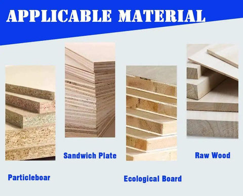 Applicable material types for Pneumatic Hinge Drilling And Insertion Machine For Doors, including particleboard and raw wood.