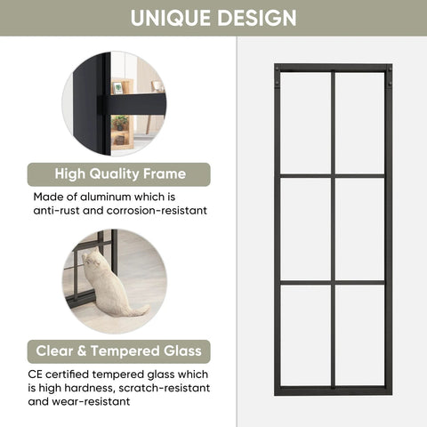 Bypass Double Glass Barn Door Set with aluminum frame and tempered glass panel, highlighting frame durability and glass clarity.