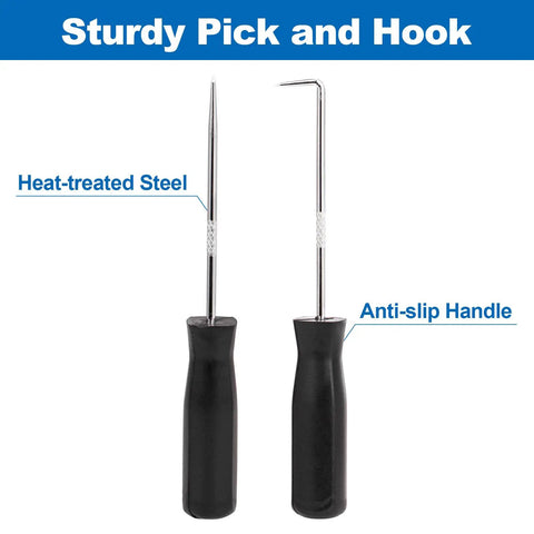Sturdy pick and hook tools with heat-treated steel and anti-slip handles, part of Snap Ring Pliers Set 10 Piece Kit For Internal And External Retaining Rings With Bent And Straight Tips Heavy Duty Automotive Tools Include Pick And Storage Case.
