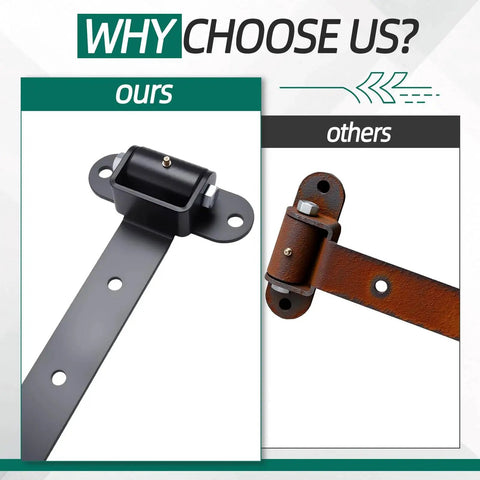 Comparison of gate hinges, left: Beefy 13 Inch Gate Hinges Set With 900 Lb Capacity Built In Ball Bearing 180 Degree Swing Carbon Steel, right: lesser quality
