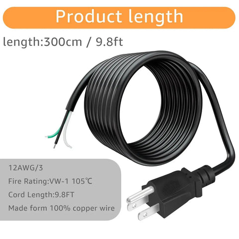9.8ft 12 Gauge Heavy Duty Replacement Power Cord For Tools And Home Gear 3 Prong 12 AWG 3 Conductor Black Pigtail Cable