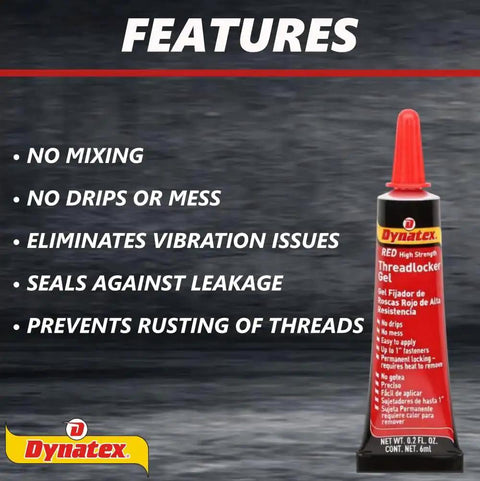 Red High Strength Thread Locker Gel 6ml Tube For Metal Parts Locking Pro Grade Performance With Quick Cure Durable Hold Easy Application Industrial Quality Thread Sealer For Automotive And Machinery Projects shown with features like no mixing and eliminates vibration issues.