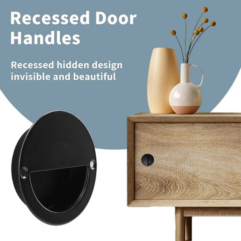 Round Hidden Concealed Door Pulls Flush Pocket Door Handles In Stainless Steel Matte Black 50mm Diameter on wooden drawer
