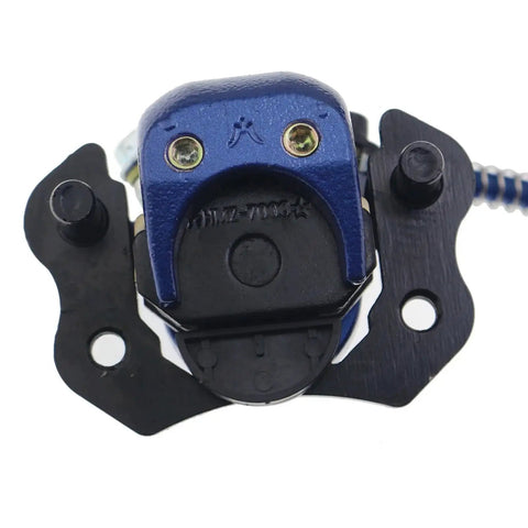 Front view of blue PRO BAT rear ATV hydraulic brake caliper with mounting bracket and braided hose.