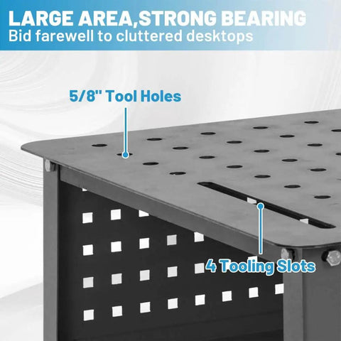 Close-up of 36 By 24 Inch Welding Table With Wheels Mobile Steel Workstation showing tool holes and tooling slots on surface.