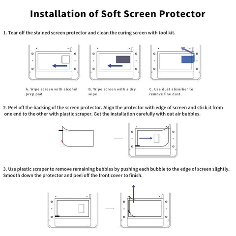 Installation guide for Five Pack Screen Protector For Anycubic Photon Mono 4 And Ultra Resin 3D Printers Ultra Clear Film.