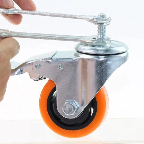 Close-up of M10 Threaded Stem Caster Wheels Set 1.5x25mm Dual Locking No Noise PVC Casters with orange wheel