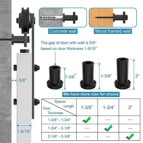 1-3/8 Inch Sliding Barn Door Track Spacers Replacement Kit With Adjustable Carbon Steel Connectors Incl. Lag Bolts and Wall Anchors Pack Of 4, showing installation on concrete and wood walls