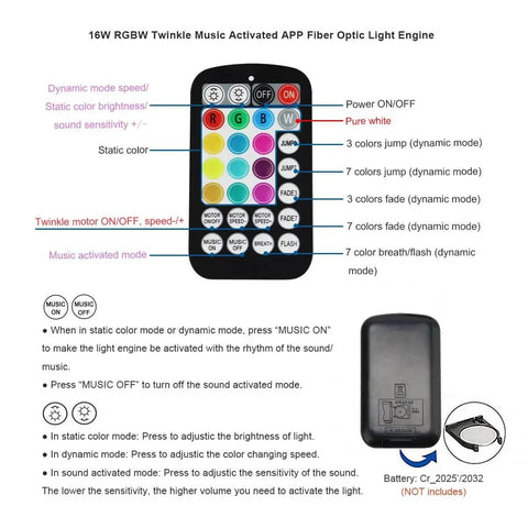 Remote control for Dope 16W Twinkle Fiber Optic Light Engine showing various buttons and functions for music and light settings.