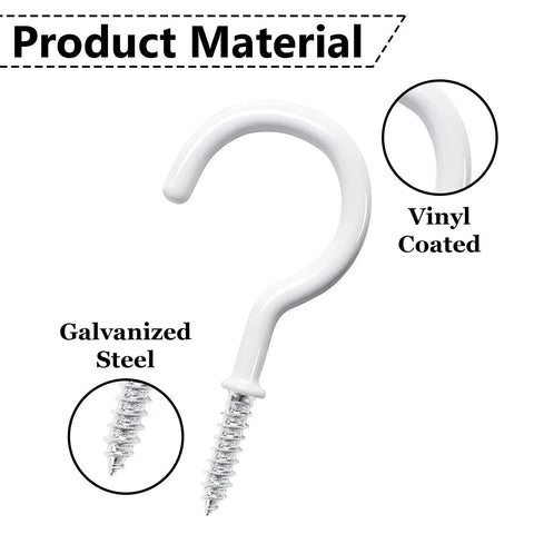 Close-up of a white vinyl-coated galvanized steel hook with focus on material in the 20 Pack Ceiling Hooks For Hanging Plants Two Point Nine Inch Screw In Hooks White Vinyl Coated Heavy Duty Indoor Outdoor Use Includes Plastic Hollow Pipes Ideal For Christmas Lights Cups Decor And Other Lightweight Items set.