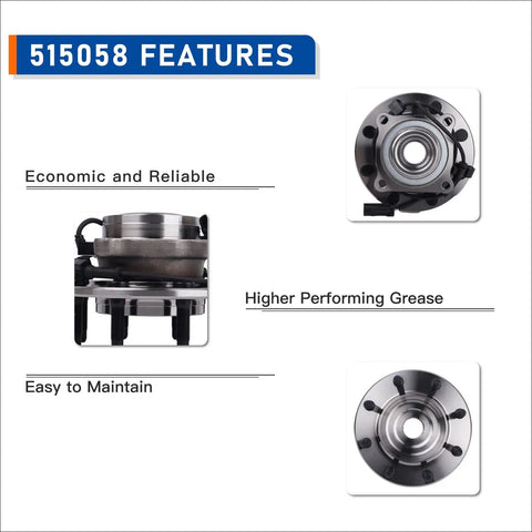 Two Pack 515058 4WD Beefed Up Front Wheel Bearing Hub Assemblies for Chevy GMC Trucks, showcasing design features and quality.
