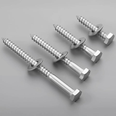 Heavy Duty 28 Piece Lag Screws Set 1/4 x 1-1/2 Inch Hex Head With Flat Washers in 304 Stainless Steel 18-8, close-up view.