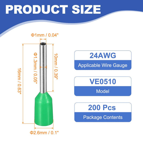 Diagram showing 200 Pcs Wire Ferrule Connectors VE0510 24 AWG Copper Crimp Ferrules Terminals with dimensions and specifications.