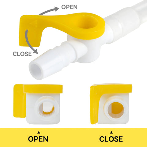 Ximter catheter valve with yellow lever tap, white plastic body and tubing; open/close arrows.