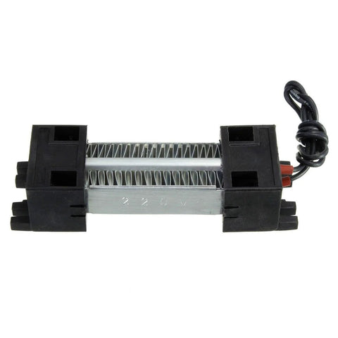 PTC ceramic air heater element with finned aluminum core and black end caps; red power leads for 12V–220V operation