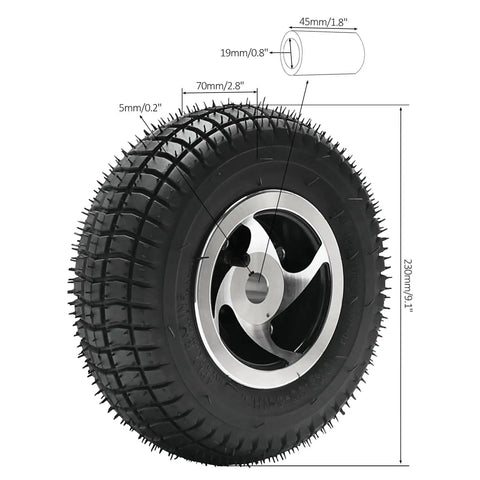 Front view of a wheel with a 230 mm knobby tire on a silver alloy rim.