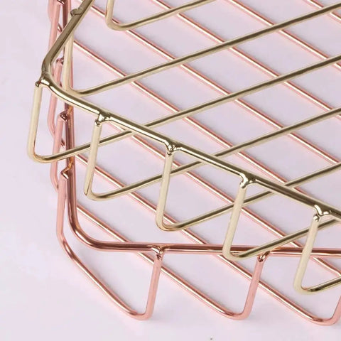 Close-up of gold metal letter tray file holder detail, part of the Gold Desk Paper Organizer Tray With Big Capacity For Letters, Mail, Files And Magazines Metal Letter Tray File Holder For Office Or Classroom Desktop 12.5 X 9.4 X 1.9 Inches.