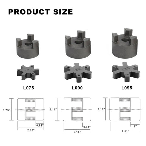 3-Piece L095 L-Jaw Coupling Set With Buna-N NBR Rubber Spider For Log Wood Splitter, Heavy-Duty 1/2 Inch Bore, size chart