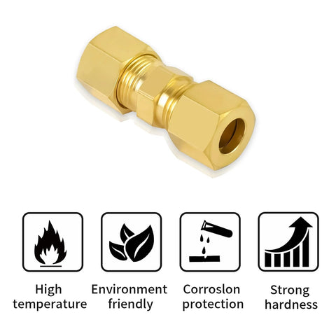 Brass 3/16 in tube compression union fitting with hex nut ends, gold color