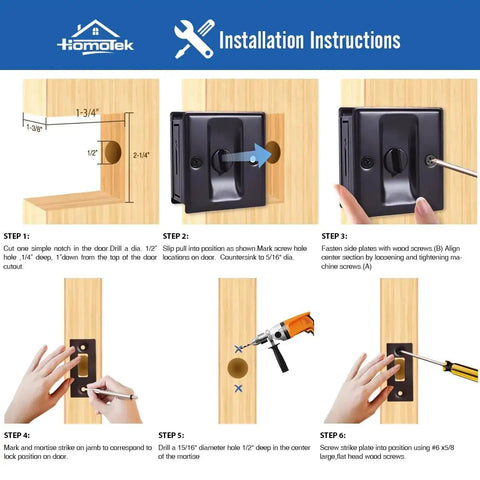 Installation guide for Oil Rubbed Brass Privacy Sliding Door Lock with Pull, reversible for left or right-handed doors.