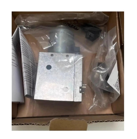 Front view of electric proportional valve in silver metal housing with mounting holes, boxed with manual.