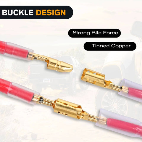 Close-up of 3.9mm Bullet Connectors Set For 22-16 AWG Wire, Brass Male And Female Terminals With Insulation Sleeves.