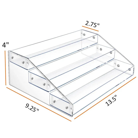 Clear Acrylic Miniature Display Shelf 2.75 Inch Wide Three Tier Stand For Figures, Vinyl Toys, Dolls And Jewelry dimensions diagram