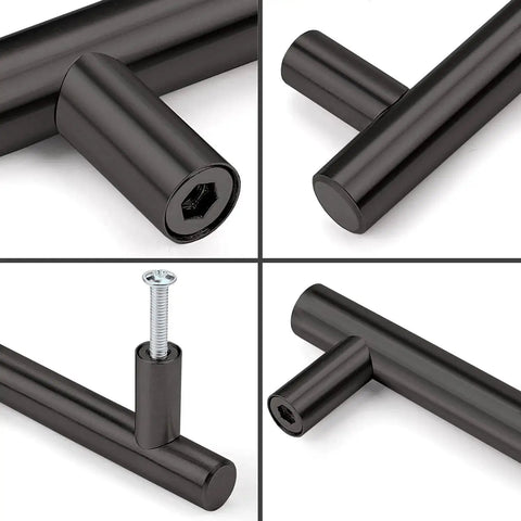 Close-up of 2 Pack Round Bar Cabinet Pulls Matte Black Finish Euro Style T Bar Handles With 3 Inch Center To Center Mounting