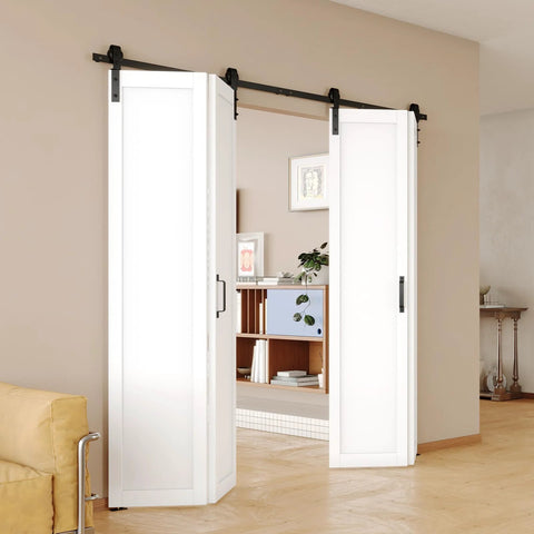 Two Panel Bifold Barn Door Kit For 30 Inch Openings Space Saving Indoor Sliding Door With Folding Panels And Hardware White MDF Closet Door Slab 84 Inch Tall Includes 2.83 Foot Track For Dual Doors installed in a living room.