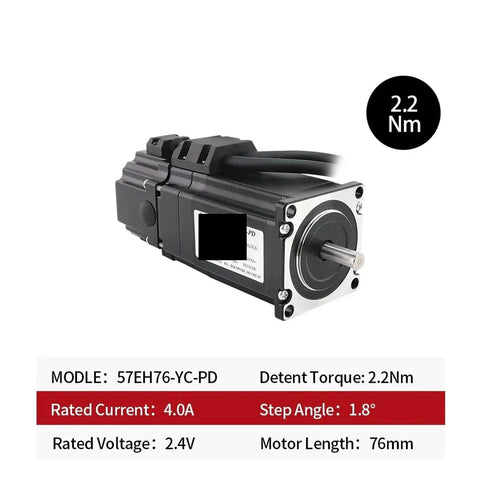 Side view of 57EH76-YC-PD servo motor with black housing and silver front plate, 2.2 Nm torque